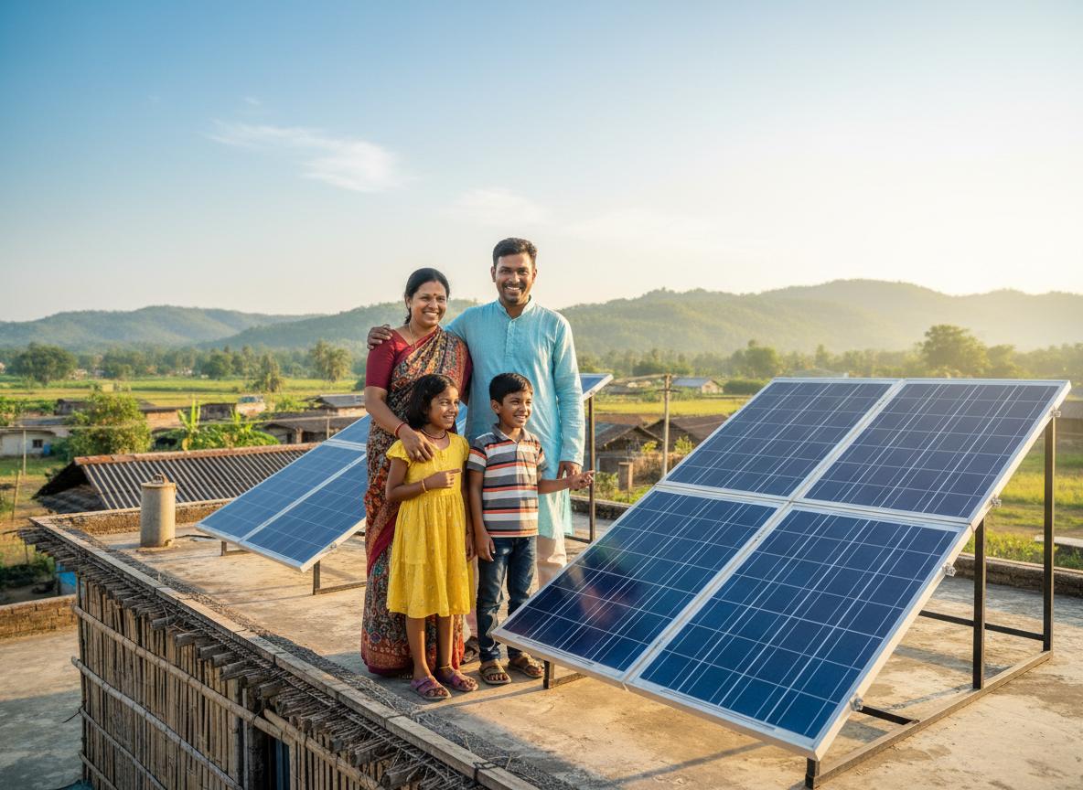 Happy family with solar panels